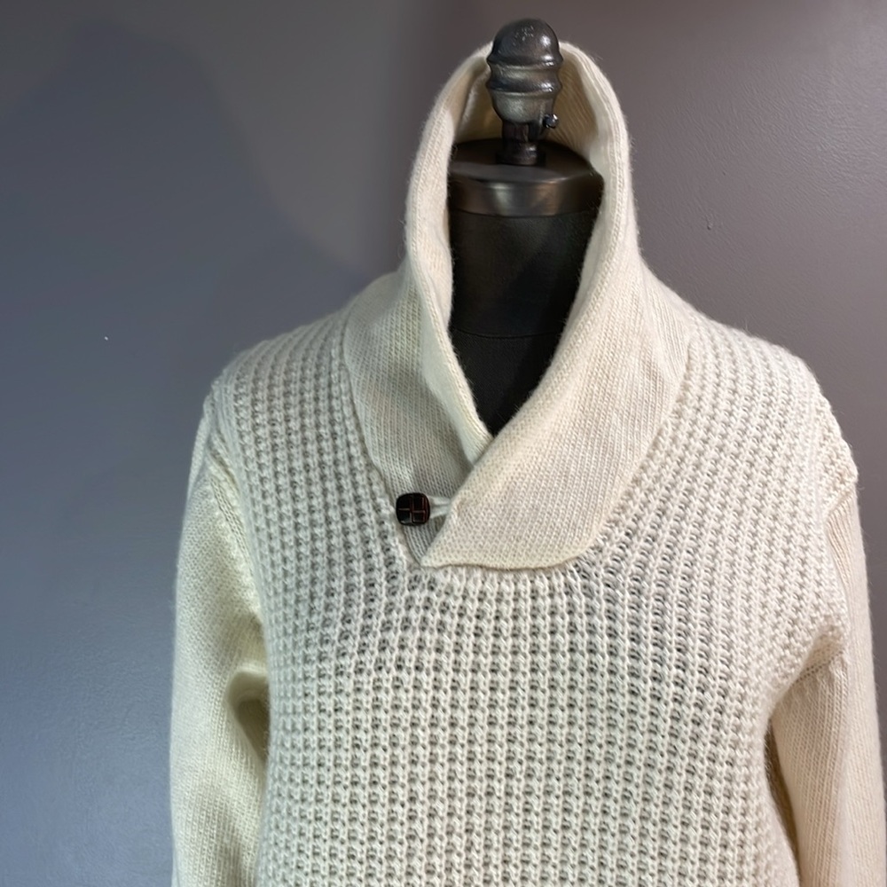 Handsome mens wool, nylon shaker knit sweater with shawl collar -  Large cream